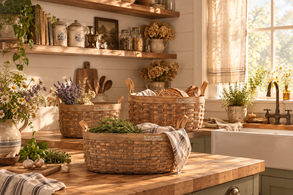Handwoven Storage Basket with Wood Handle