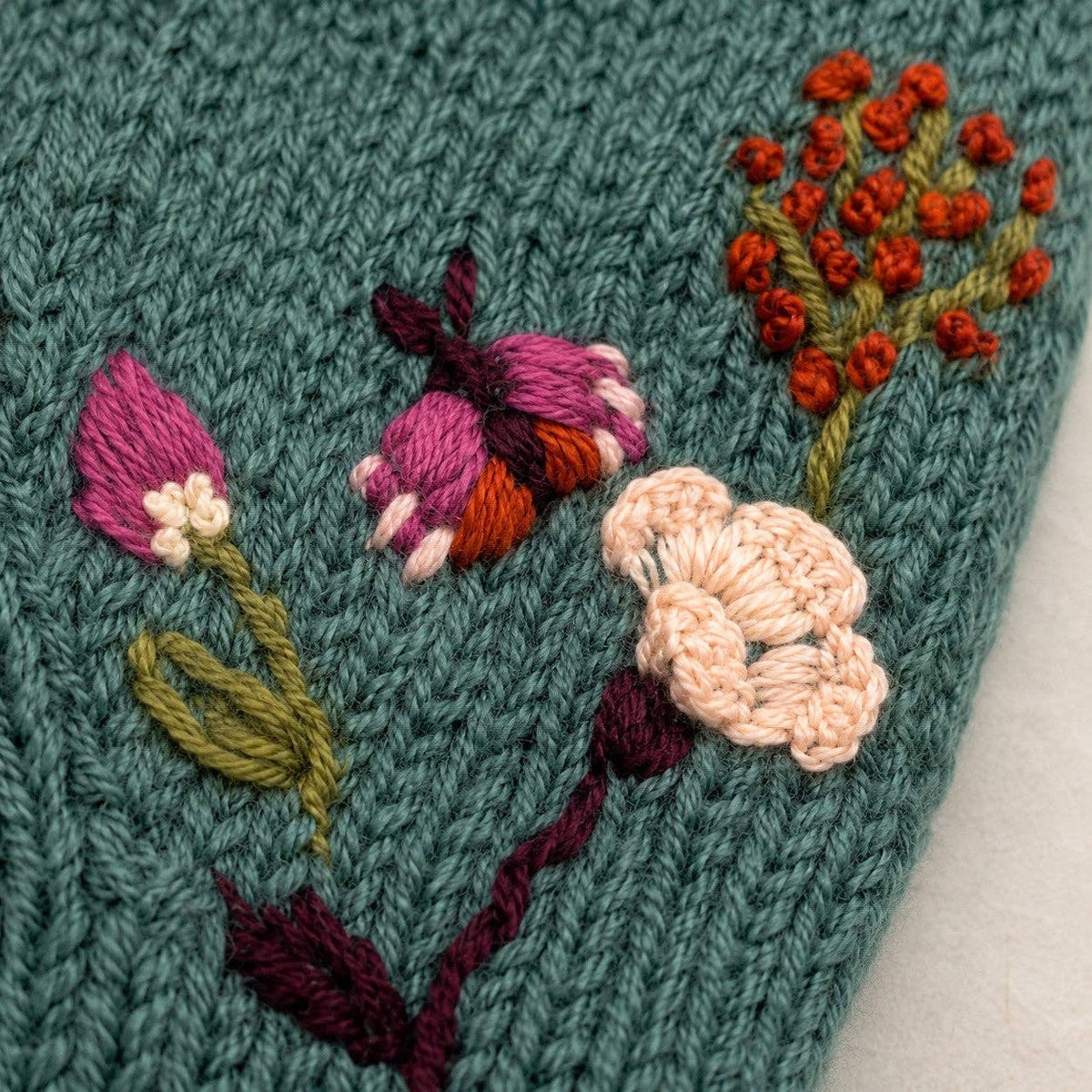 Hand-Knit-Floral Hand-Embroidered Wool Mittens – Blue Sage