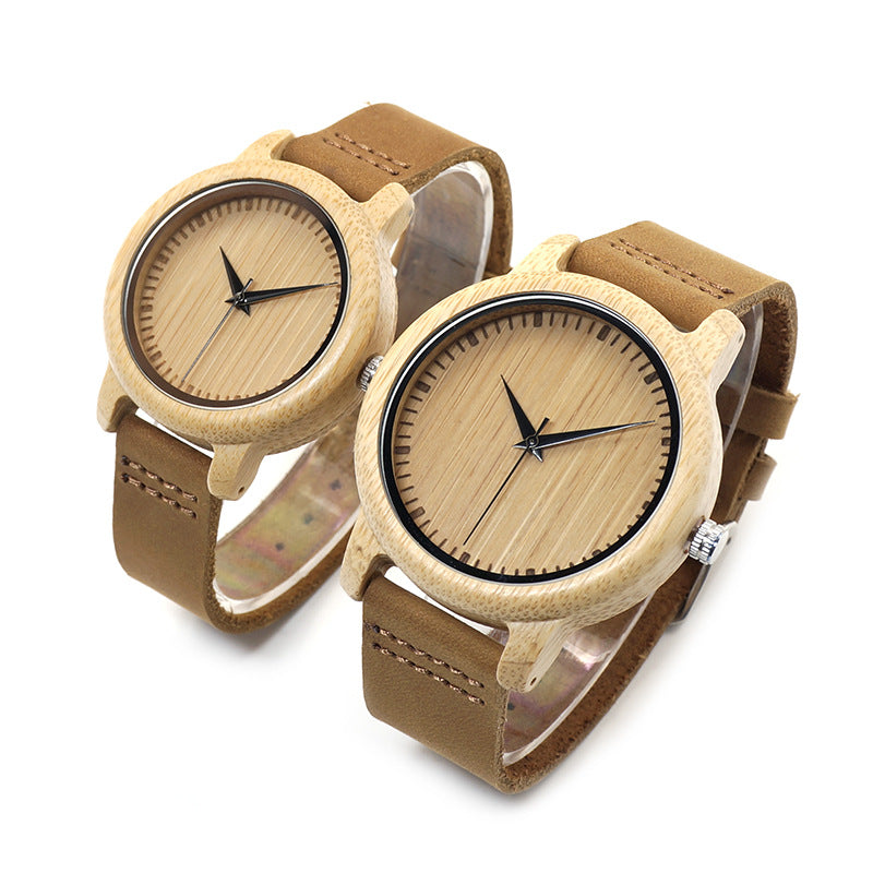 BOBO BIRD Genuine Leather Bamboo Wood Couple Watch
