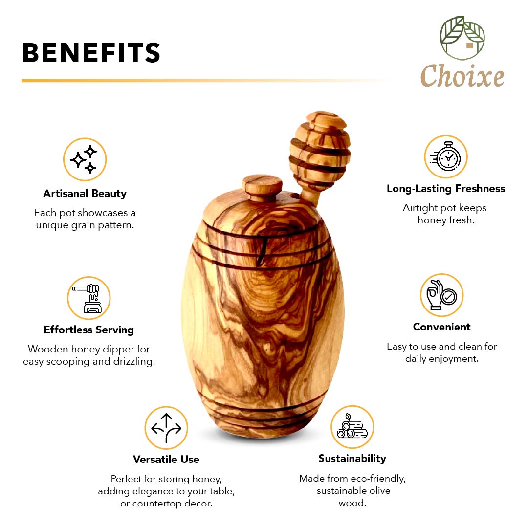 Hand-Carved Olive Wood Honey Pot with Dipper