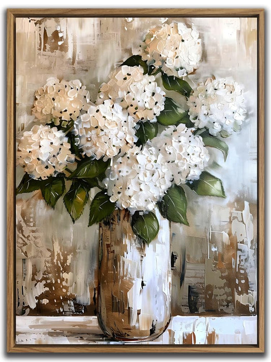 White Hydrangea Floral Wall Art with Wood Frame