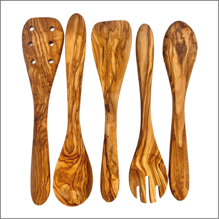 Hand-Carved Olive Wood Kitchen Utensil Set | 5 Pieces