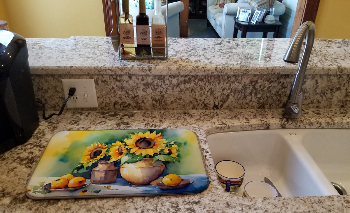Sunflowers in Watercolor Dish Drying Mat