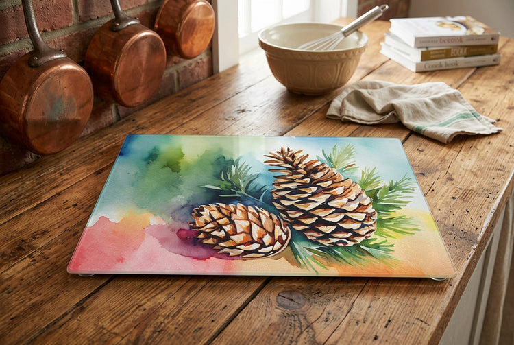 Maine White Pine Cone Watercolor Glass Cutting Board