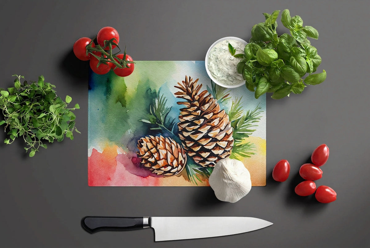 Maine White Pine Cone Watercolor Glass Cutting Board