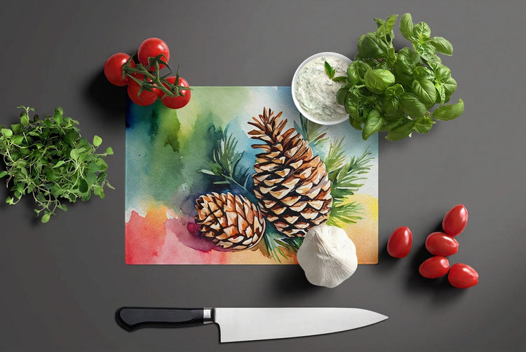 Maine White Pine Cone Watercolor Glass Cutting Board