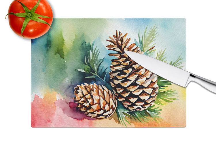 Maine White Pine Cone Watercolor Glass Cutting Board