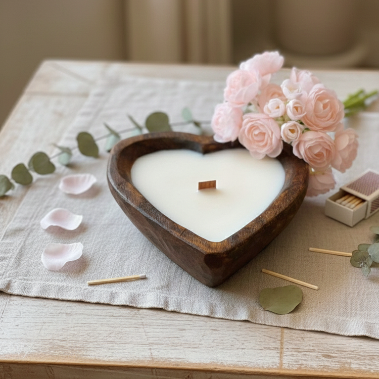Heart-Shaped Wooden Dough Bowl Soy Candle, 12 oz