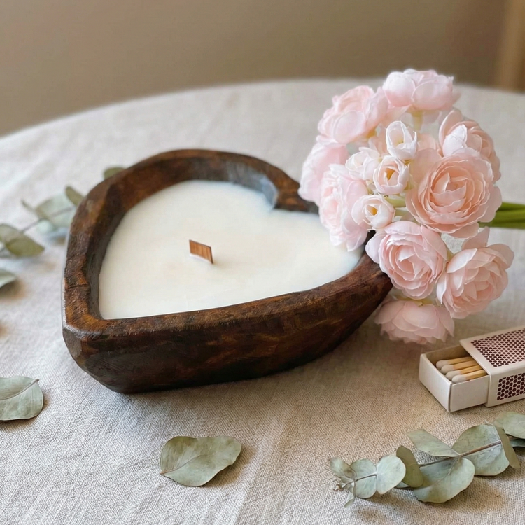Heart-Shaped Wooden Dough Bowl Soy Candle, 12 oz