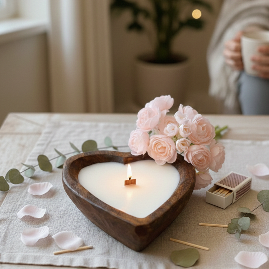 Heart-Shaped Wooden Dough Bowl Soy Candle, 12 oz