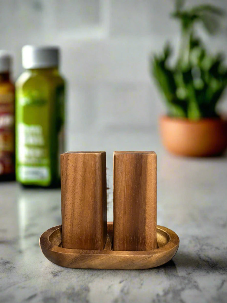 Acacia Wood Salt & Pepper Shakers with Base