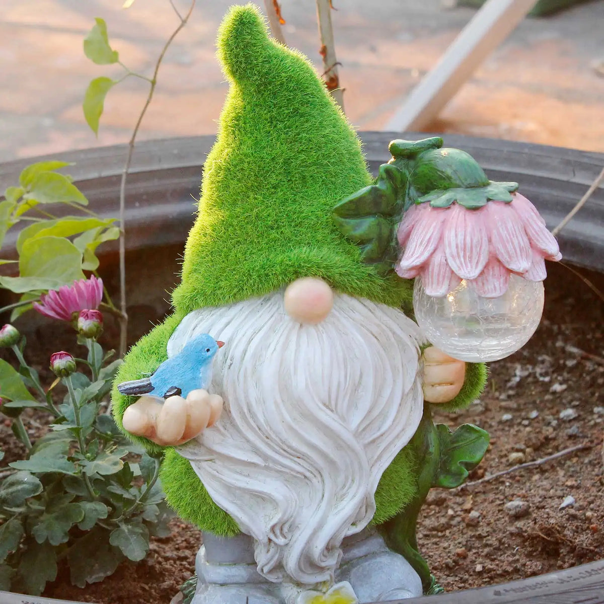 Solar Garden Gnome Statue with Crackle Globe Light