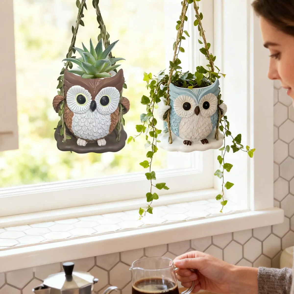 Owl Swing Resin Planter with Drainage Hole