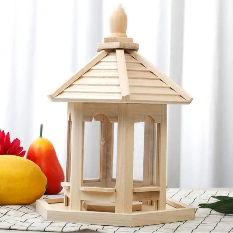 Hexagon Wooden Bird Feeder with Roof — 1000ml Large Capacity