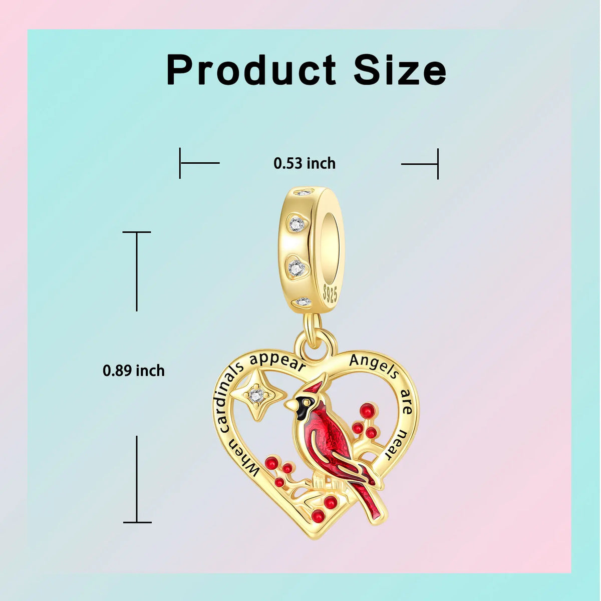 925 Sterling Silver Cardinal Bird Heart Dangle Charm Cardinals Angels Are Near Memorial Quote Pendant Fit Bracelets Jewelry Gift