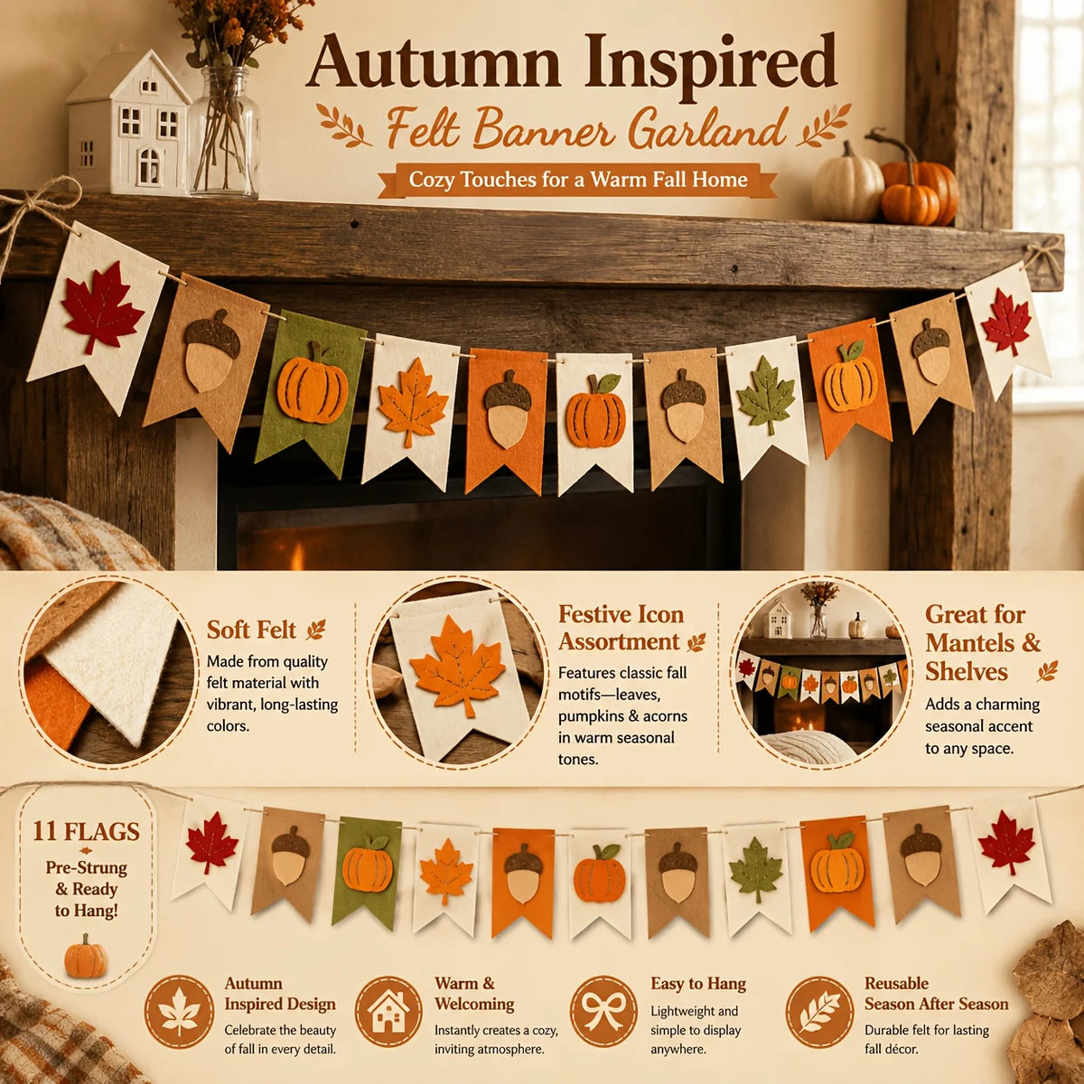 Fall Harvest Felt Banner – Pumpkin, Maple Leaf & Acorn Garland