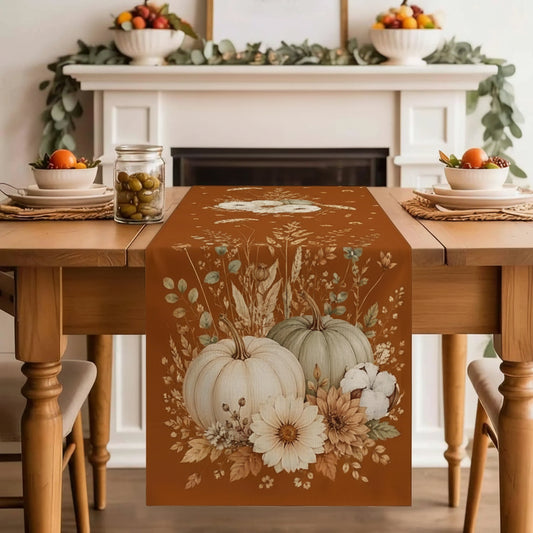 Cottage Fall Pumpkins & Florals Linen Table Runner