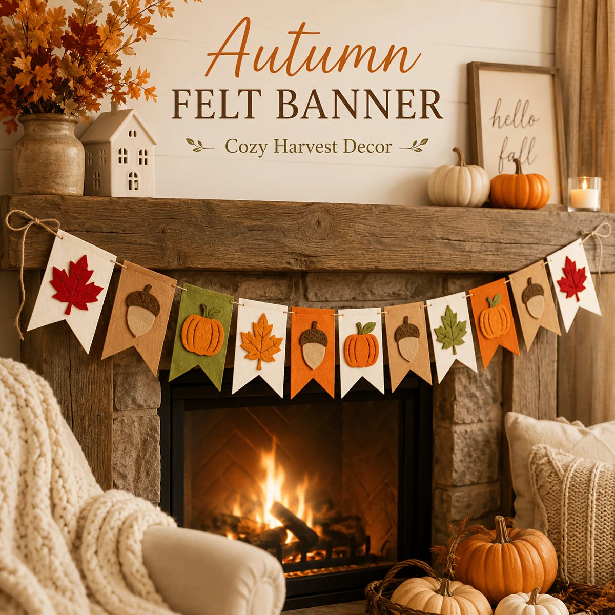 Fall Harvest Felt Banner – Pumpkin, Maple Leaf & Acorn Garland
