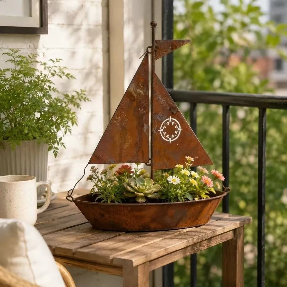 Rustic Sailboat Flower Pot Vintage Nautical Wrought Iron Metal Succulent Pots Rust-Proof Weather-Resistant Potted Planter