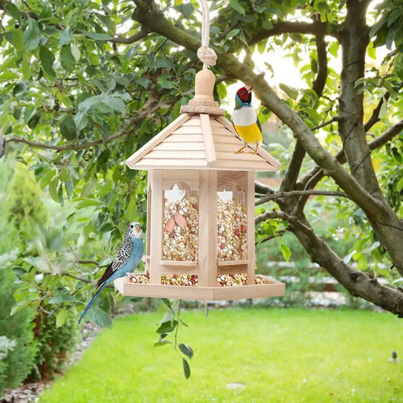 Hexagon Wooden Bird Feeder with Roof — 1000ml Large Capacity