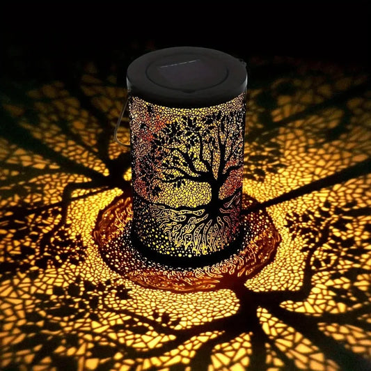 Hanging Solar Lantern – Vintage Metal LED with Tree Pattern Outdoor Projection Light