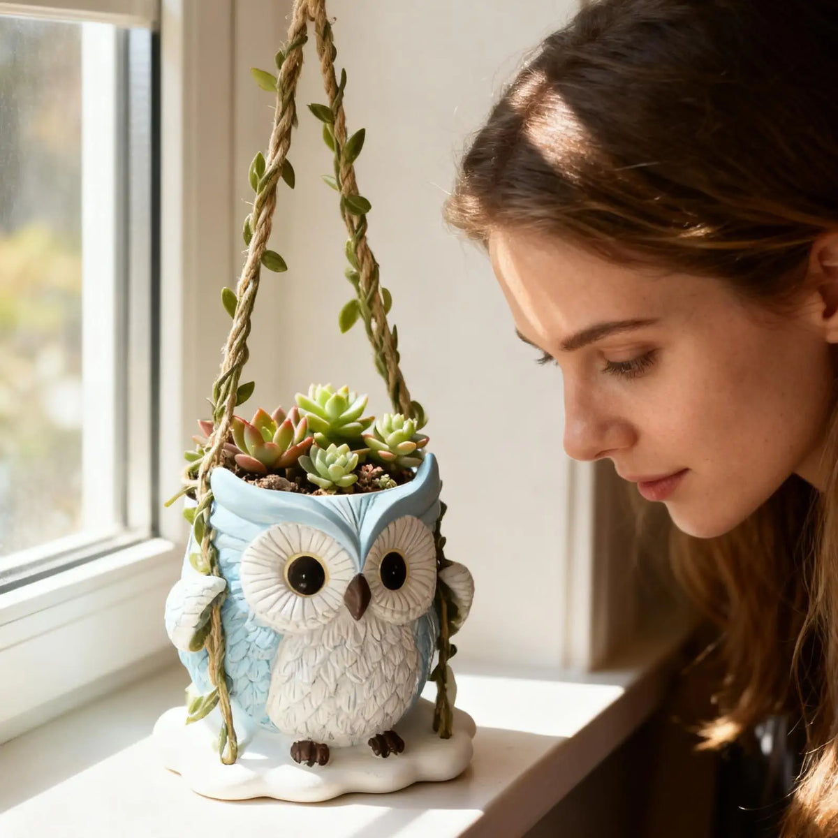 Owl Swing Resin Planter with Drainage Hole