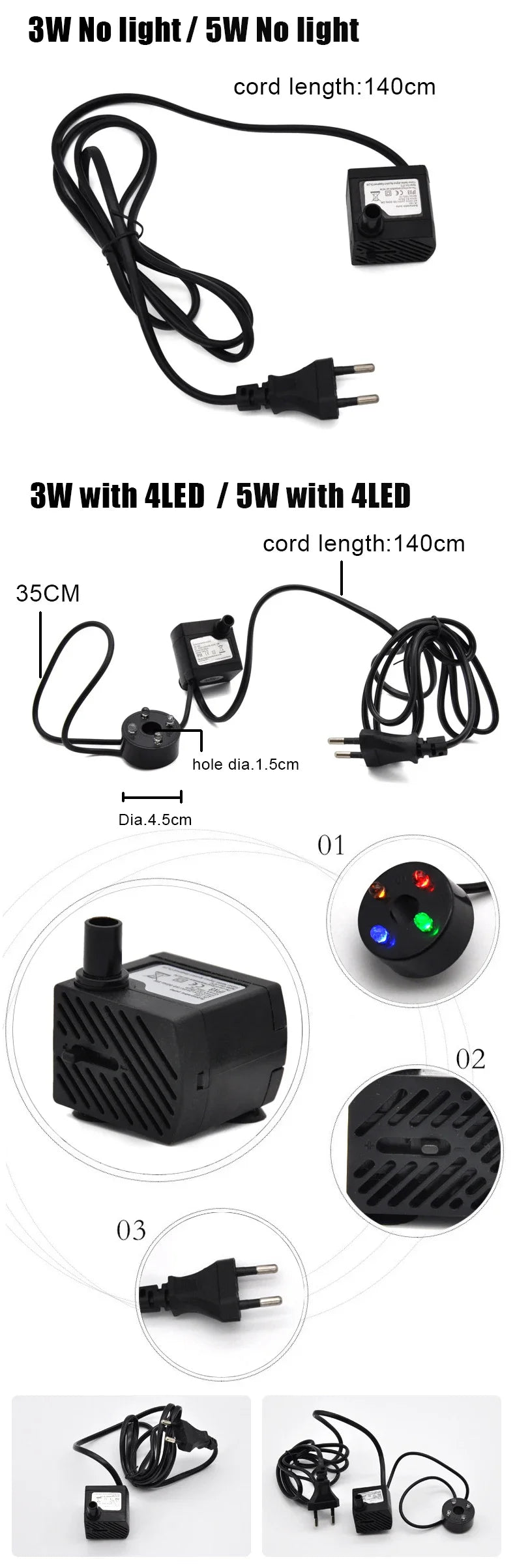 LED Fountain & Aquarium Water Pump – 3W/5W for Rockery, Fish Tank & Garden Water Features