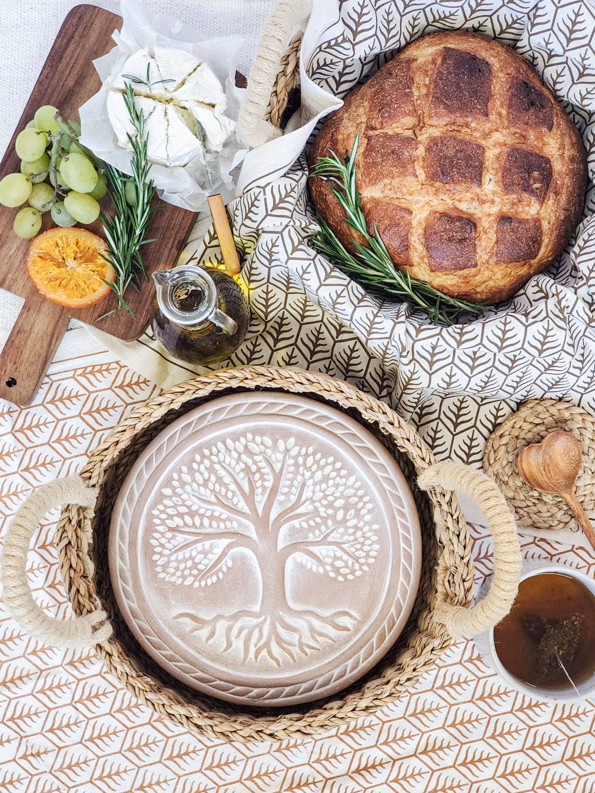Tree of Life Terracotta Bread Warmer & Round Basket
