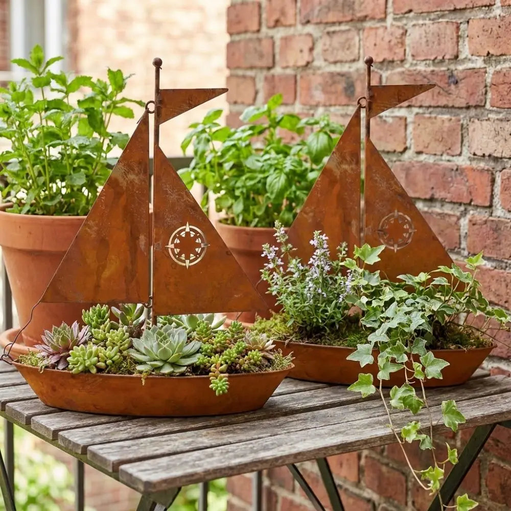 Rustic Sailboat Flower Pot Vintage Nautical Wrought Iron Metal Succulent Pots Rust-Proof Weather-Resistant Potted Planter