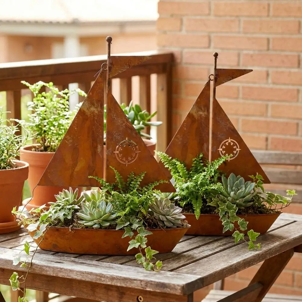 Rustic Sailboat Flower Pot Vintage Nautical Wrought Iron Metal Succulent Pots Rust-Proof Weather-Resistant Potted Planter