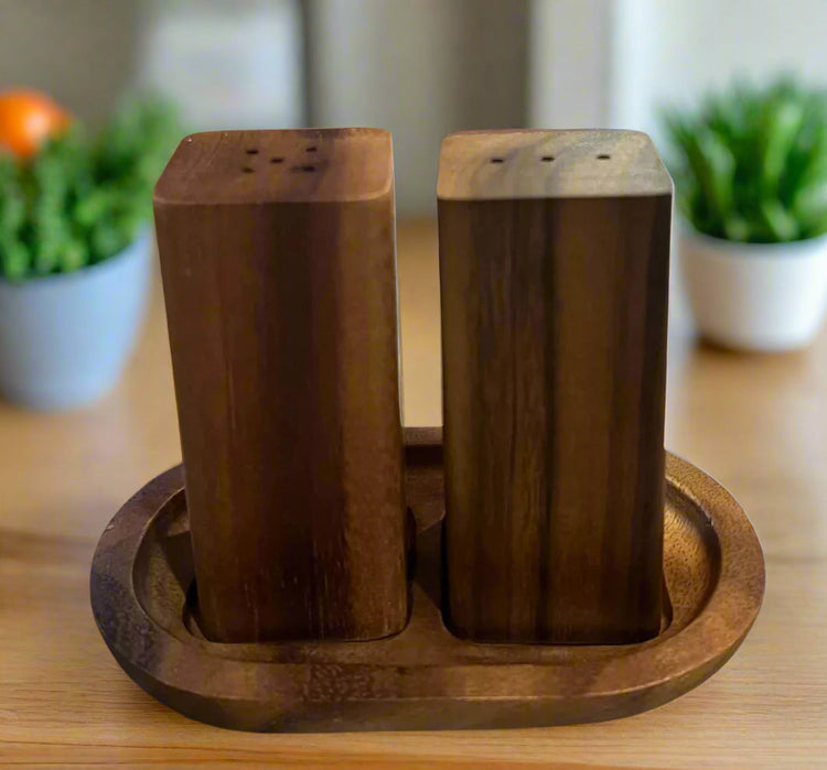 Acacia Wood Salt & Pepper Shakers with Base