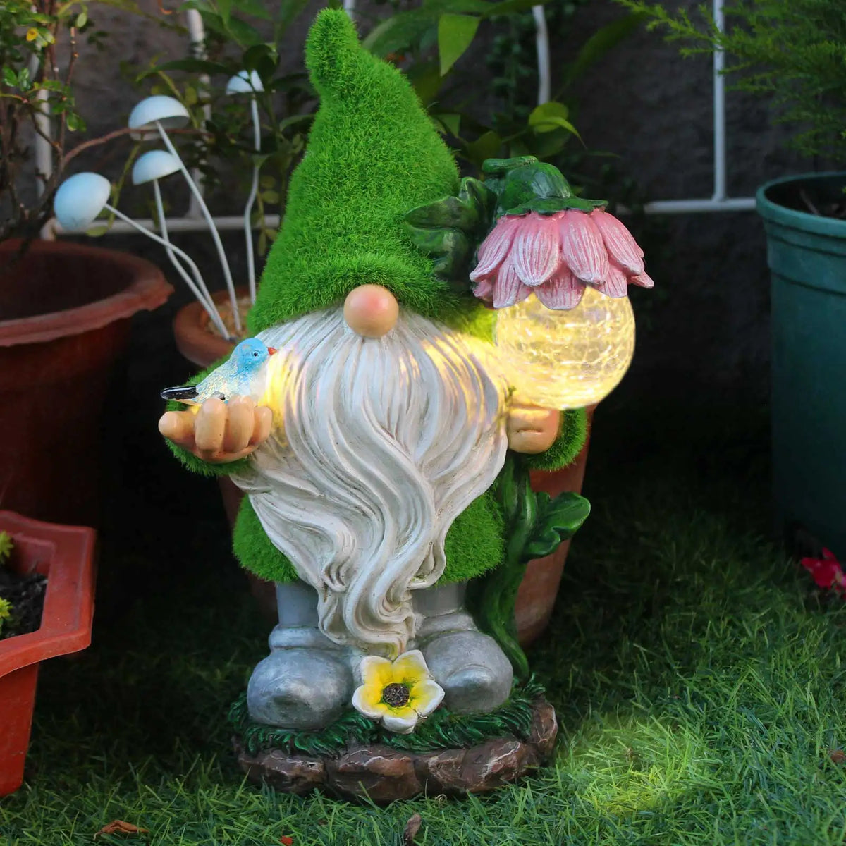 Solar Garden Gnome Statue with Crackle Globe Light