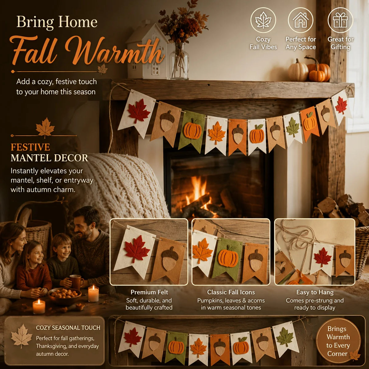 Fall Harvest Felt Banner – Pumpkin, Maple Leaf & Acorn Garland