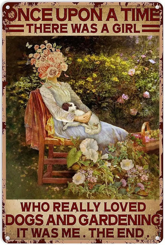 ‘A Girl Loves Dogs and Gardening’ Vintage Metal Tin Sign – Retro Wall Decor for Home, Garden, Bar & Cafe