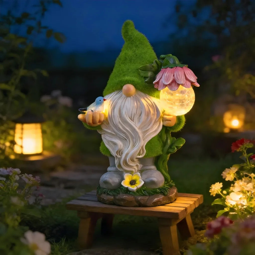 Solar Garden Gnome Statue with Crackle Globe Light