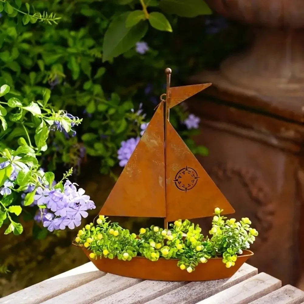Rustic Sailboat Flower Pot Vintage Nautical Wrought Iron Metal Succulent Pots Rust-Proof Weather-Resistant Potted Planter