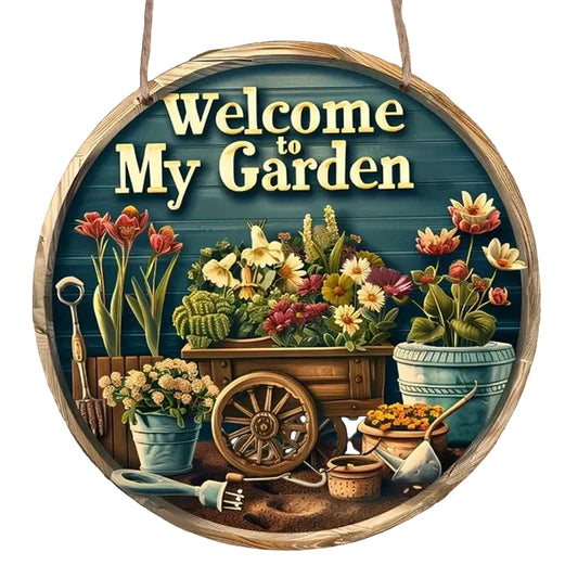 "Welcome to My Garden" Round Wooden Wall Sign – 8" Pastoral Style Indoor & Outdoor Decor