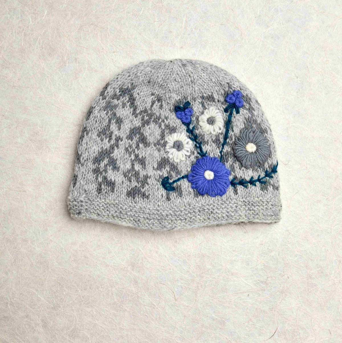 Lila Gray Floral Wool Beanie with 100% wool fleece lining