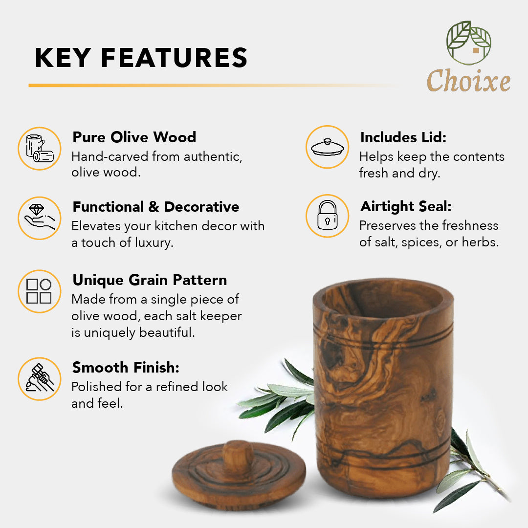 Hand-Carved Olive Wood Salt Keeper with Lid