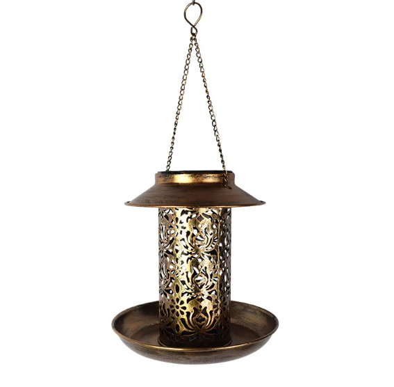Copper-Tone Solar Bird Feeder with Warm-White Light