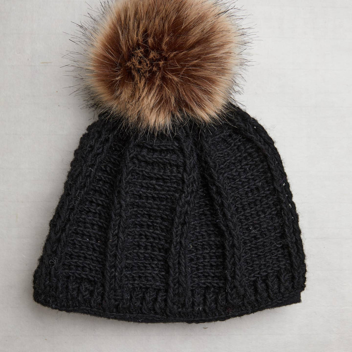 Ribbed Hand-Knit Wool Pom Beanie with Fleece Lining