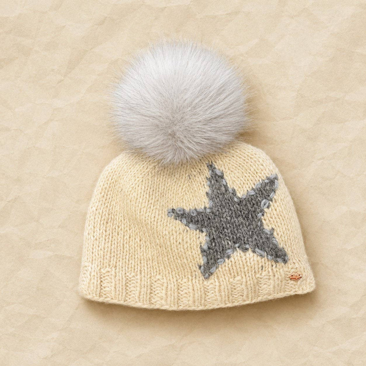 Star Embroidered Hand-Knit Wool Pom Beanie-fleece lined