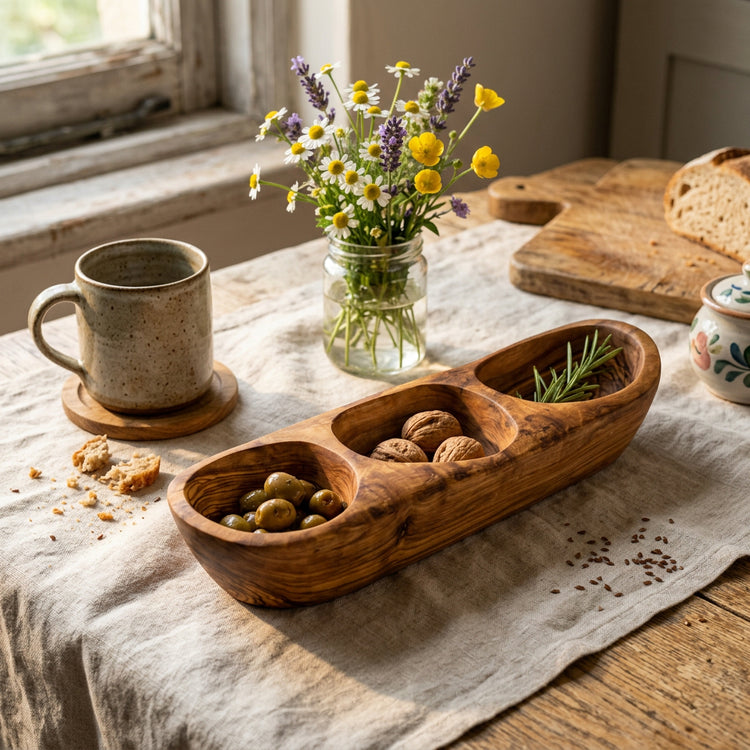 Olive Wood 3-Compartment Serving Tray