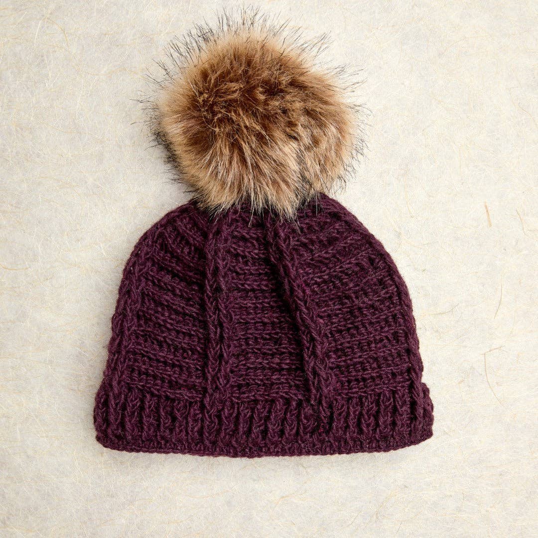 Ribbed Handmade Wool Pom Beanie with Fleece Lining