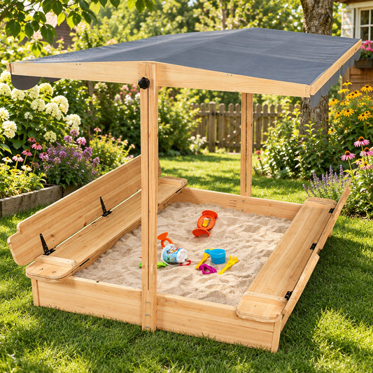 RUNSHED Wooden Sandbox with Canopy & Folding Benches