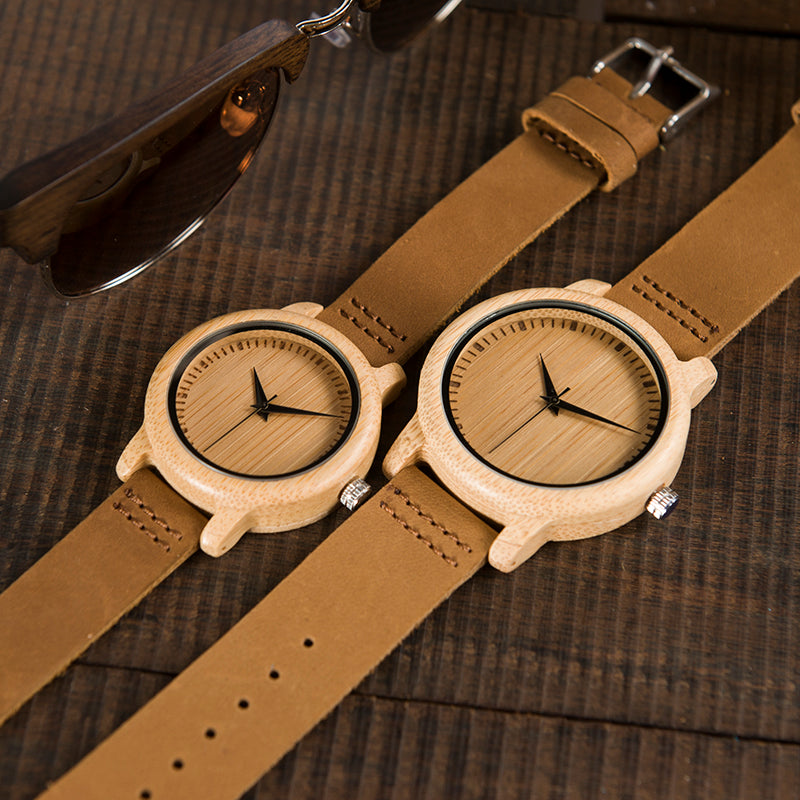 BOBO BIRD Genuine Leather Bamboo Wood Couple Watch