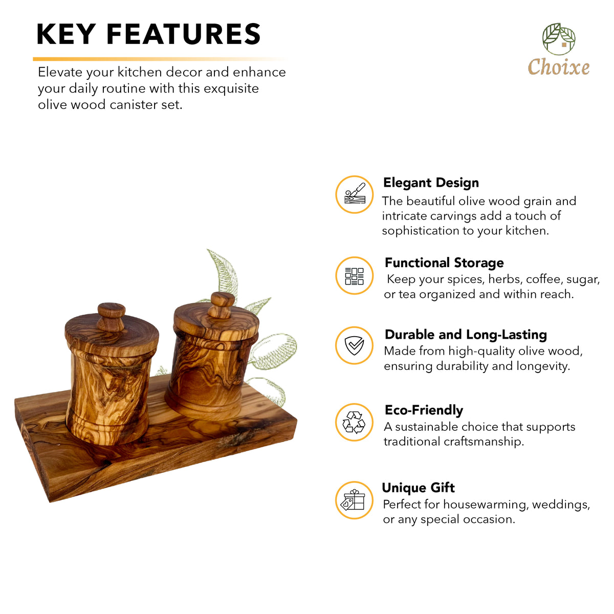 Handcrafted Olive Wood Canister Set with Carved Base