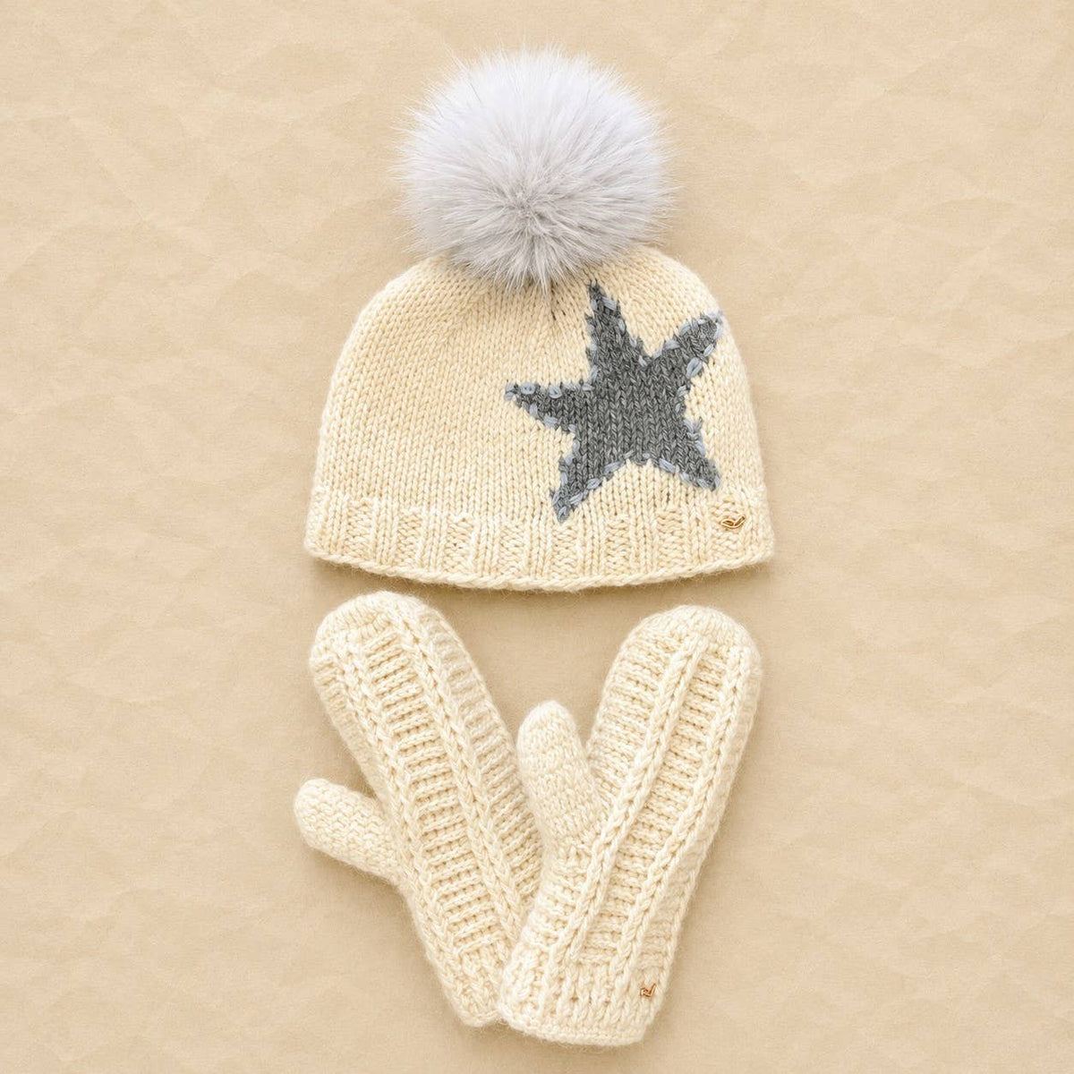 Star Embroidered Hand-Knit Wool Pom Beanie-fleece lined