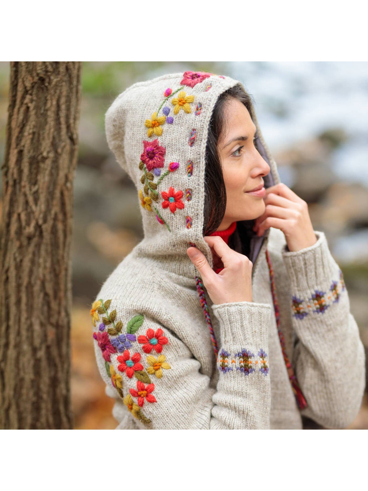 Wildflower Embroidered Wool Zip Hoodie Sweater