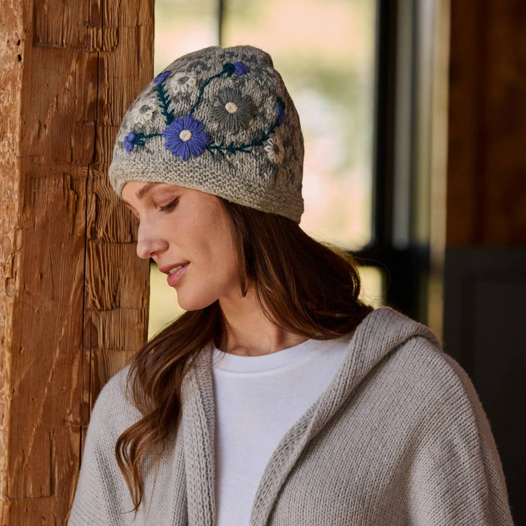 Lila Gray Floral Wool Beanie with 100% wool fleece lining